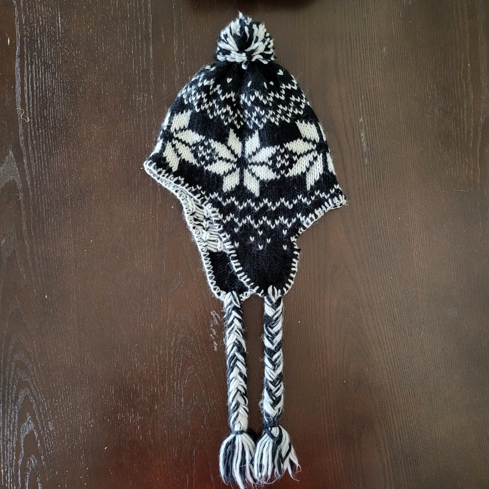 Nordic Style Ear Flap Beanie Braided Tassels Pom Pom Black White One Size